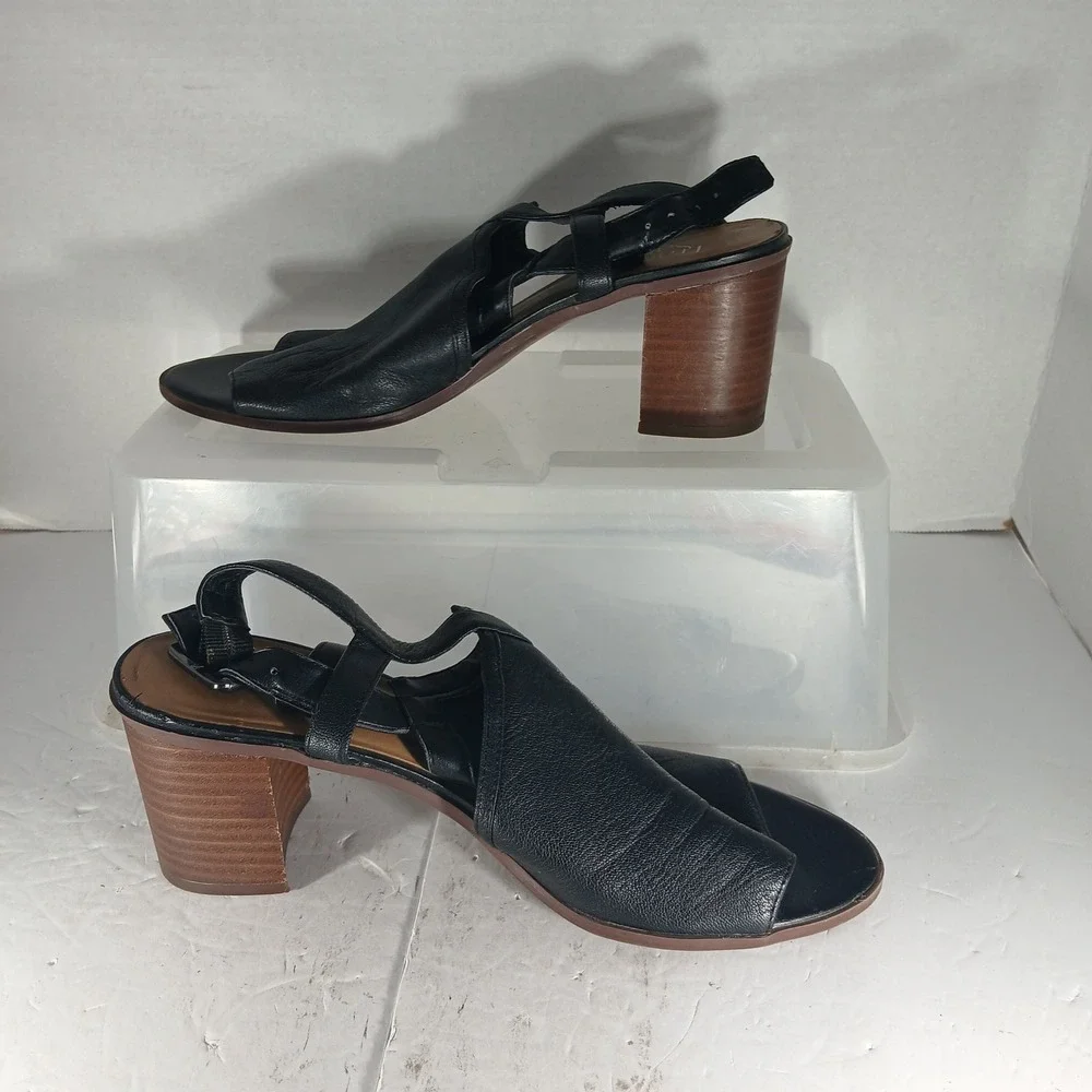 Franco Sarto Harlet Block Heel Sandals 9M Black Leather Asymmetrical Slingback